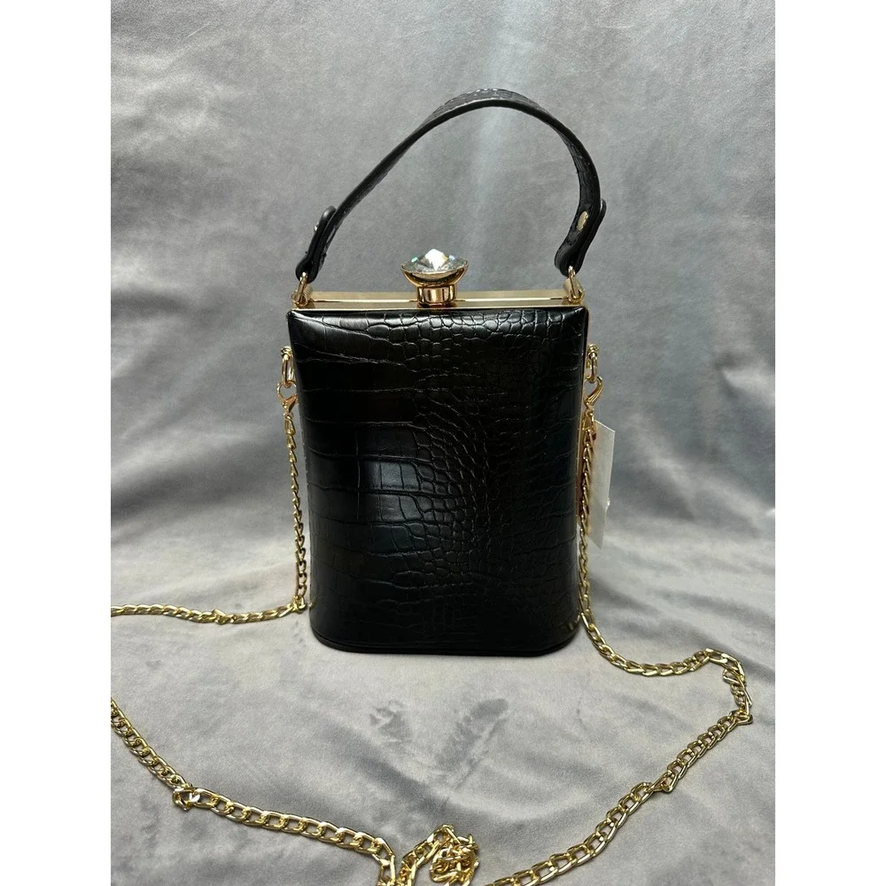 NWT Box Clutch Bag Black Croc Embossed‎ Small Evening Wedding Party